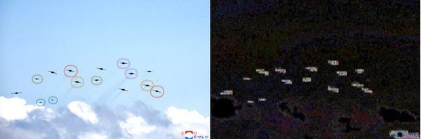 사진 분석 전문가들은 전투기 사진이 실제 비행하는 수 보다 더 많아 보이도록 조작했다고 분석했다. 사진=RFA