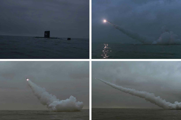북한이 동해 경포만 일대 수역에서 12일 잠수함 '8.24영웅함'이 전략순항미사일 2발을 발사했다고 밝혔다. 사진=트위터