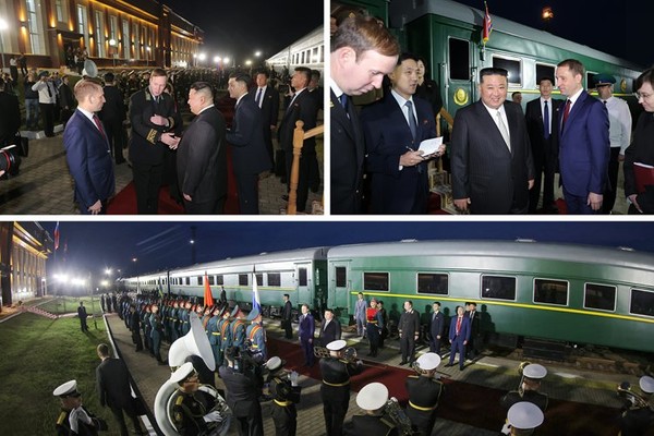 김정은 북한 국무위원장이 12일 오전 6시 러시아 국경도시 하산역에 도착해 영접을 받고 있다. 사진=X(트위터)