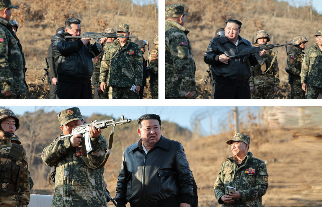 7일 북한 노동당 기관지 노동신문은 김정은 국무위원장이 6일 북한군 서부지구 중요작전 훈련기지를 방문해 훈련시설들을 보고 부대들의 실동훈련을 지도했다고 보도했다. 사진은 김 위원장이 소총을 든 모습. 사진=노동신문
