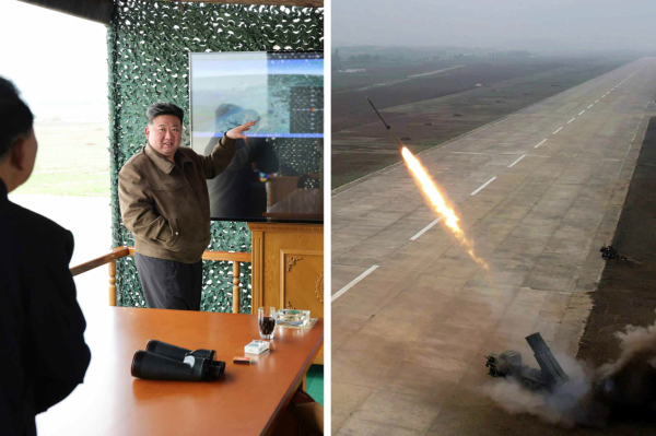 김정은 북한 국무위원장이 새로 설립된 국방공업기업소에서 생산한 240mm 방사포탄 검수시험 사격을 참관했다. 사진=웨이보